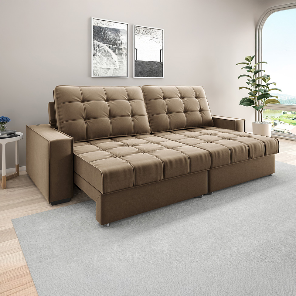 Sofá 3 Lugares Retrátil e Reclinável Goya com USB Veludo Castor 240 cm