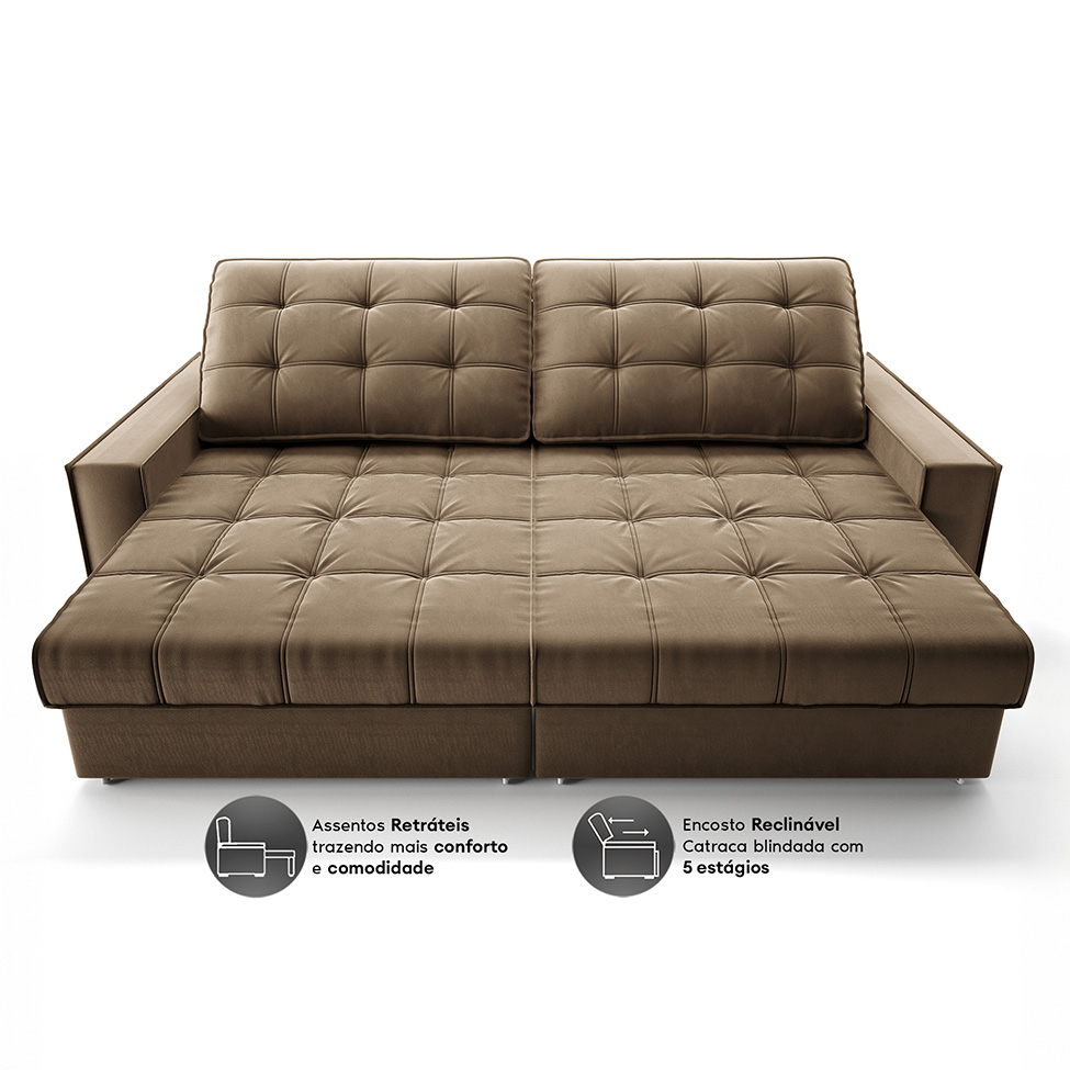 Sofá 3 Lugares Retrátil e Reclinável Goya com USB Veludo Castor 240 cm