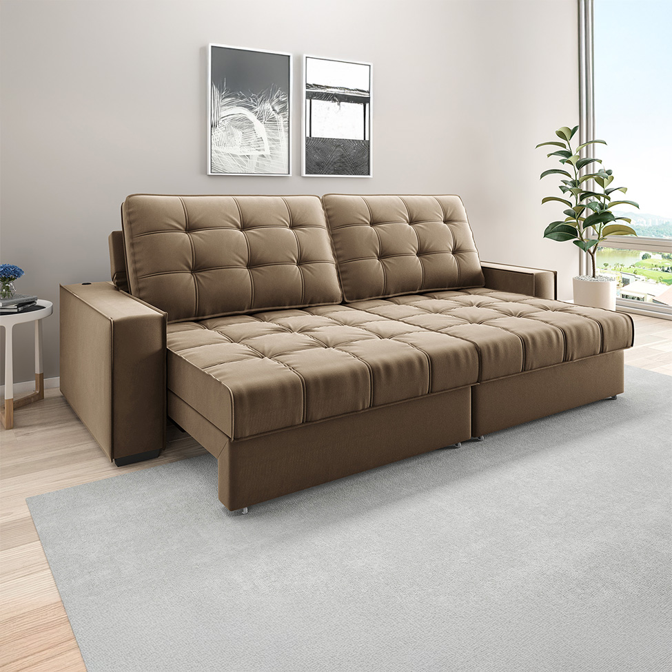 Sofá 3 Lugares Retrátil e Reclinável Goya com USB Veludo Castor 280 cm