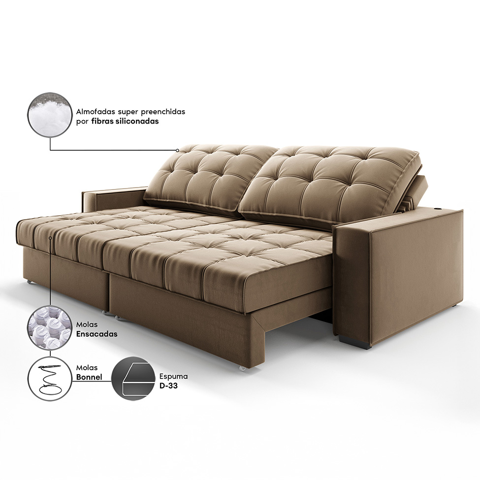Sofá 3 Lugares Retrátil e Reclinável Goya com USB Veludo Castor 280 cm
