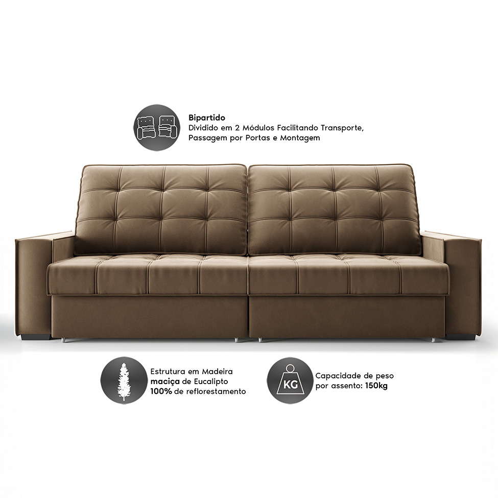 Sofá 3 Lugares Retrátil e Reclinável Goya com USB Veludo Castor 280 cm