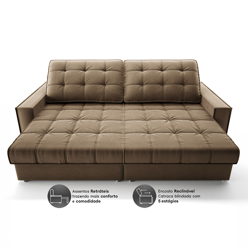 Sofá 3 Lugares Retrátil e Reclinável Goya com USB Veludo Castor 280 cm