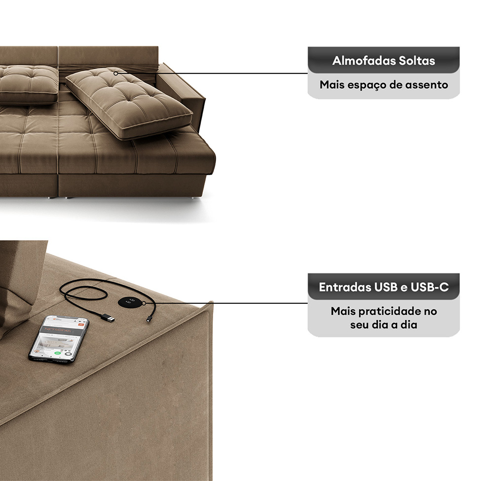 Sofá 3 Lugares Retrátil e Reclinável Goya com USB Veludo Castor 280 cm