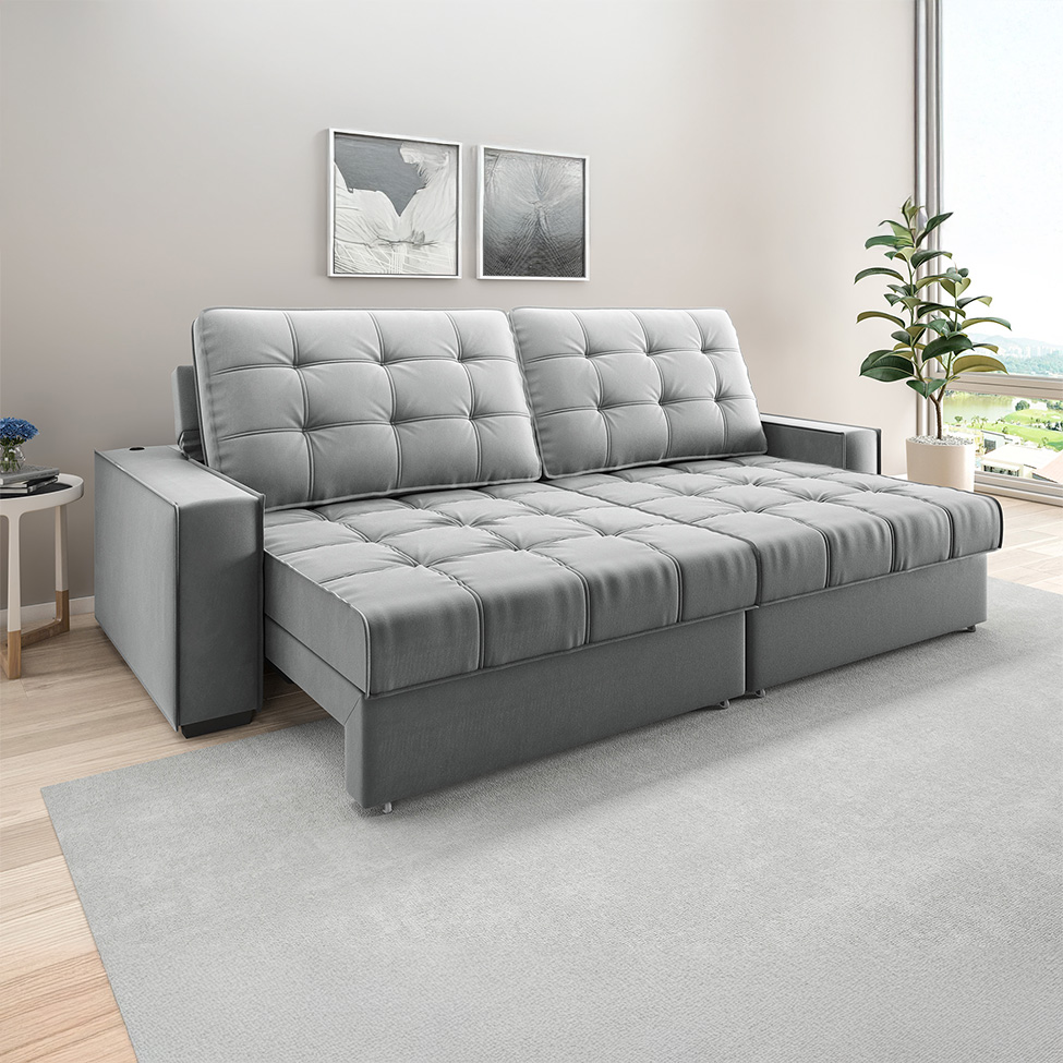 Sofá 3 Lugares Retrátil e Reclinável Goya com USB Veludo Cinza 200 cm
