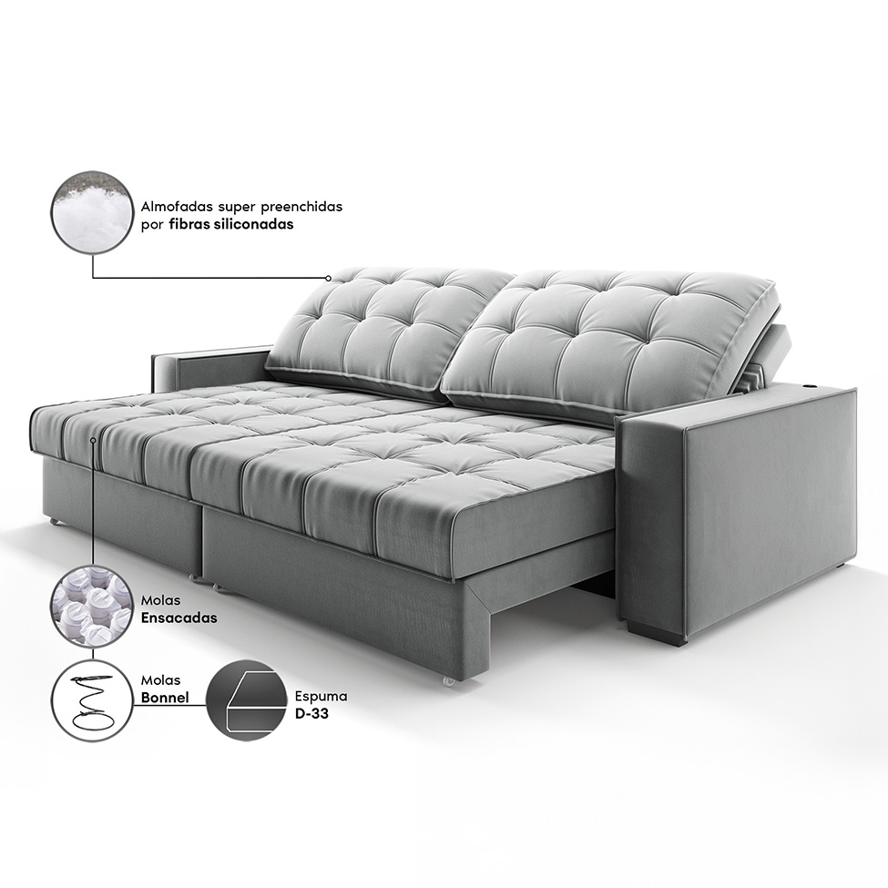 Sofá 3 Lugares Retrátil e Reclinável Goya com USB Veludo Cinza 200 cm
