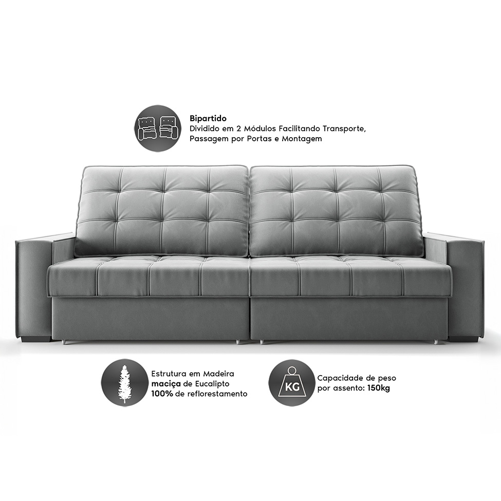 Sofá 3 Lugares Retrátil e Reclinável Goya com USB Veludo Cinza 200 cm