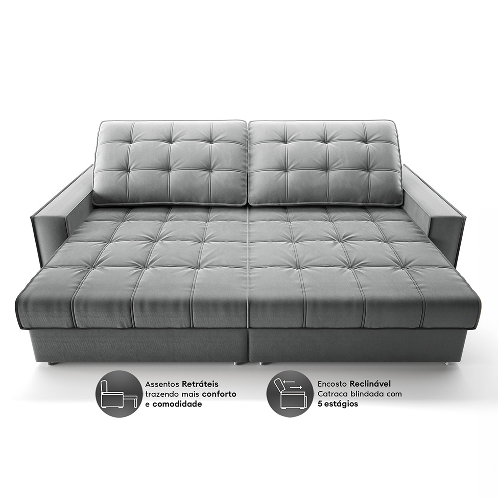 Sofá 3 Lugares Retrátil e Reclinável Goya com USB Veludo Cinza 200 cm