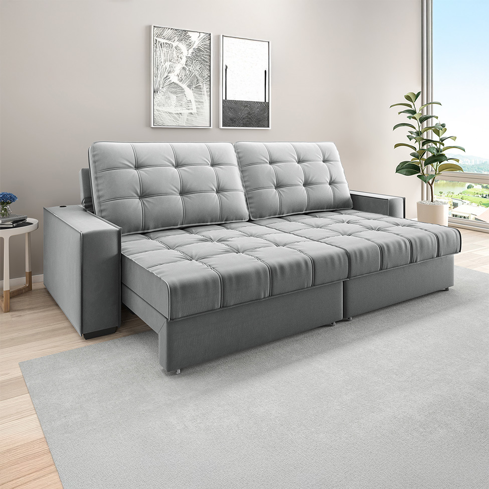 Sofá 3 Lugares Retrátil e Reclinável Goya com USB Veludo Cinza 240 cm