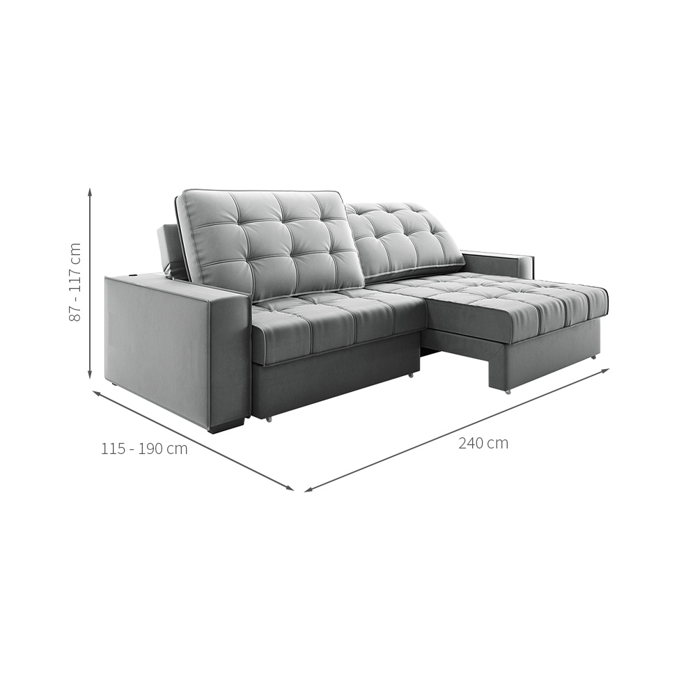 Sofá 3 Lugares Retrátil e Reclinável Goya com USB Veludo Cinza 240 cm