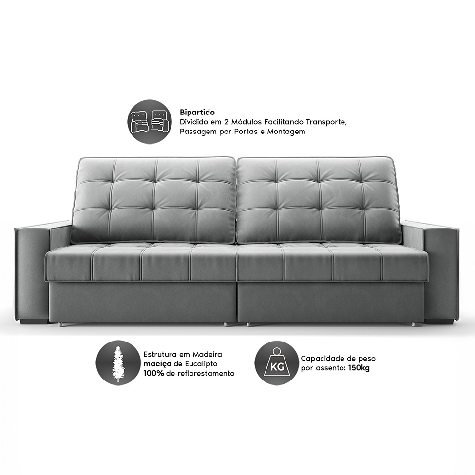 Sofá 3 Lugares Retrátil e Reclinável Goya com USB Veludo Cinza 240 cm