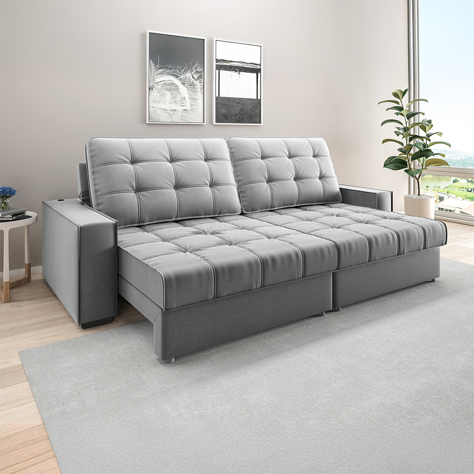 Sofá 3 Lugares Retrátil e Reclinável Goya com USB Veludo Cinza 280 cm