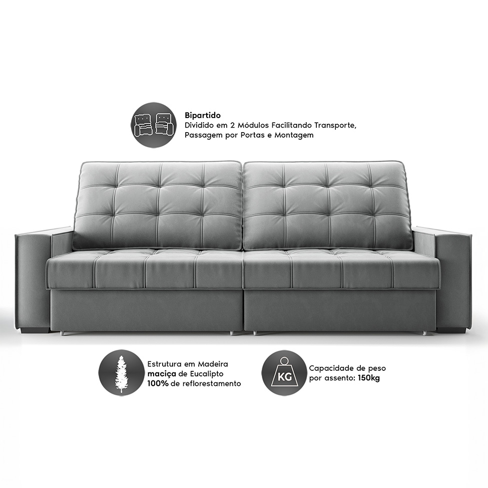 Sofá 3 Lugares Retrátil e Reclinável Goya com USB Veludo Cinza 280 cm