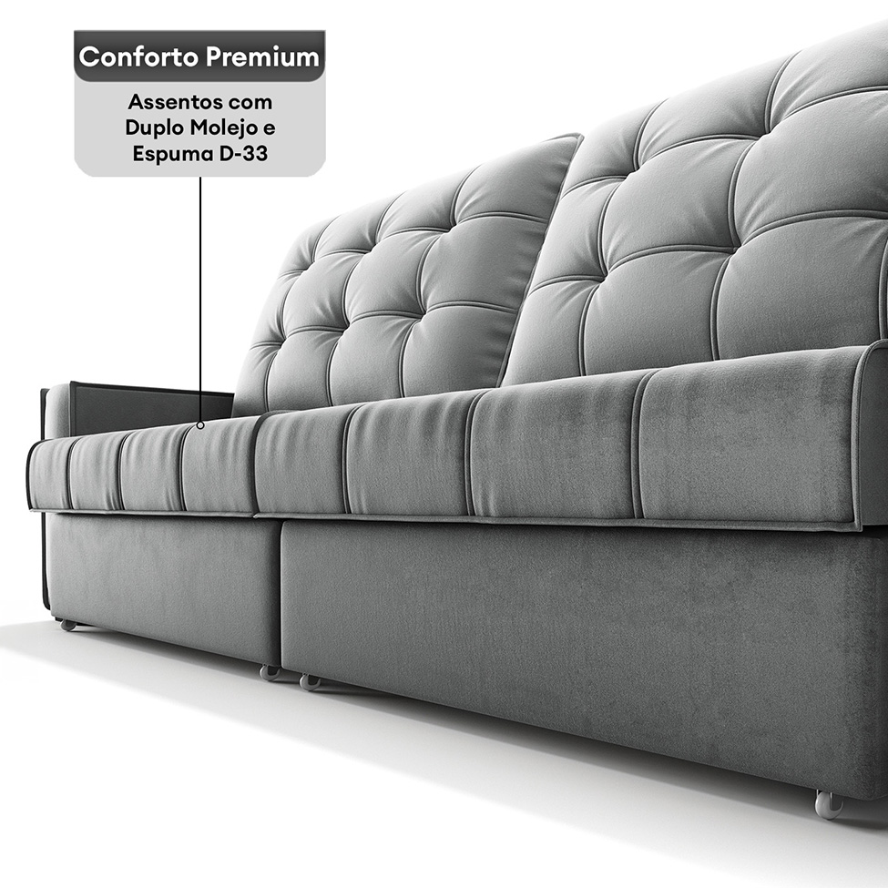 Sofá 3 Lugares Retrátil e Reclinável Goya com USB Veludo Cinza 280 cm