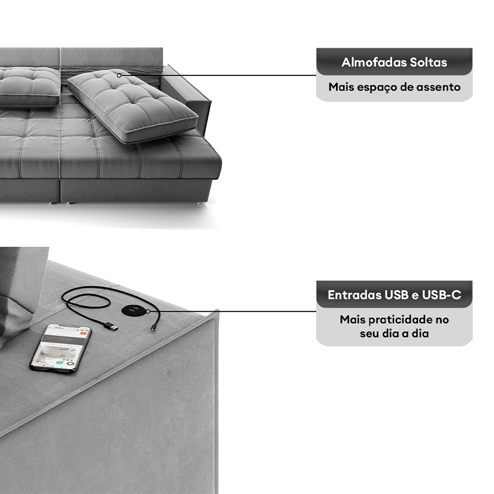 Sofá 3 Lugares Retrátil e Reclinável Goya com USB Veludo Cinza 280 cm