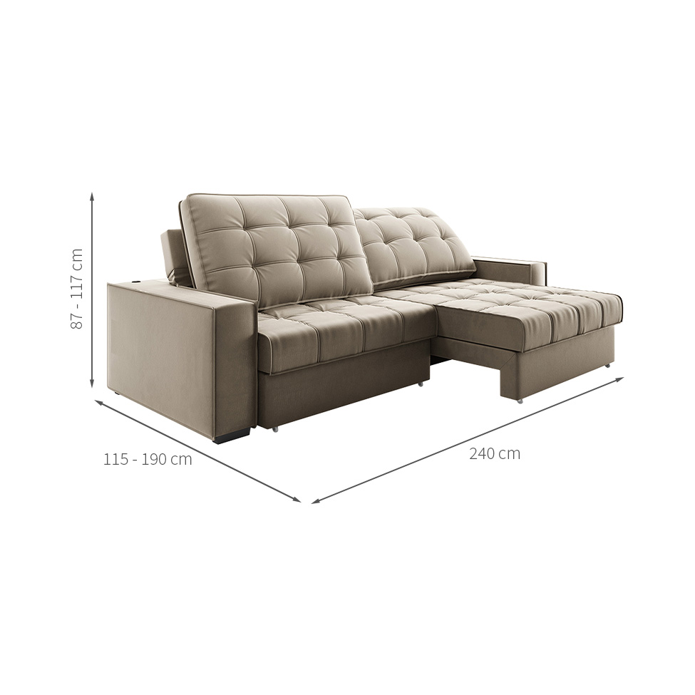 Sofá 3 Lugares Retrátil e Reclinável Goya com USB Veludo Fendi 240 cm