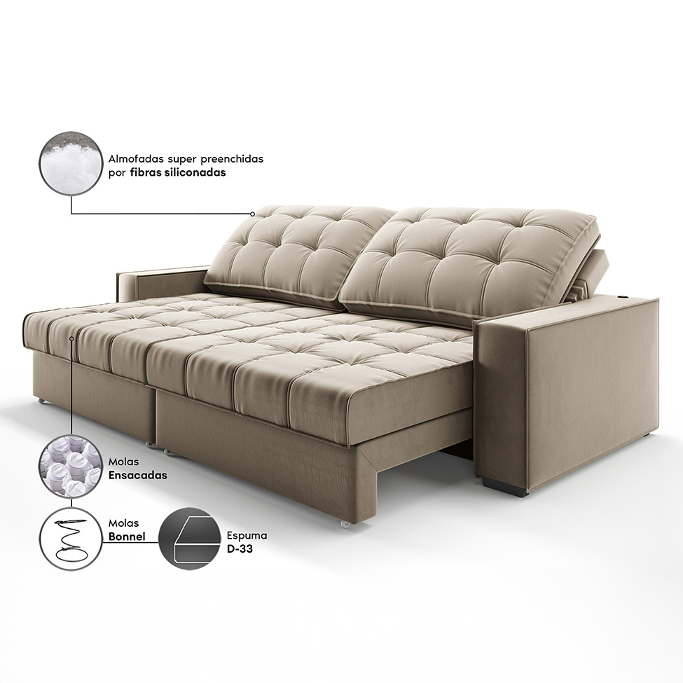 Sofá 3 Lugares Retrátil e Reclinável Goya com USB Veludo Fendi 240 cm