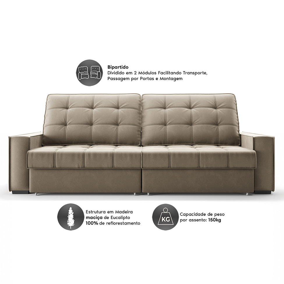 Sofá 3 Lugares Retrátil e Reclinável Goya com USB Veludo Fendi 240 cm