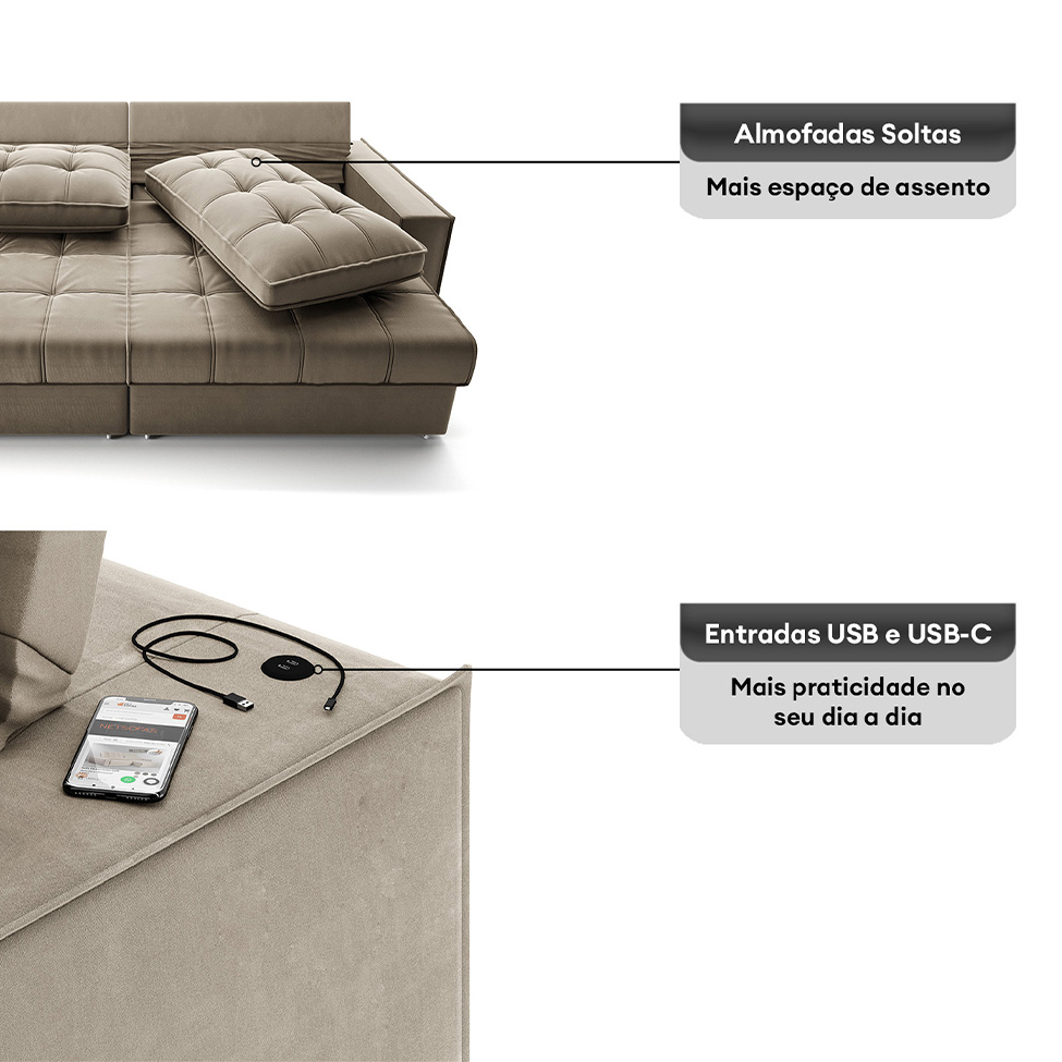 Sofá 3 Lugares Retrátil e Reclinável Goya com USB Veludo Fendi 240 cm