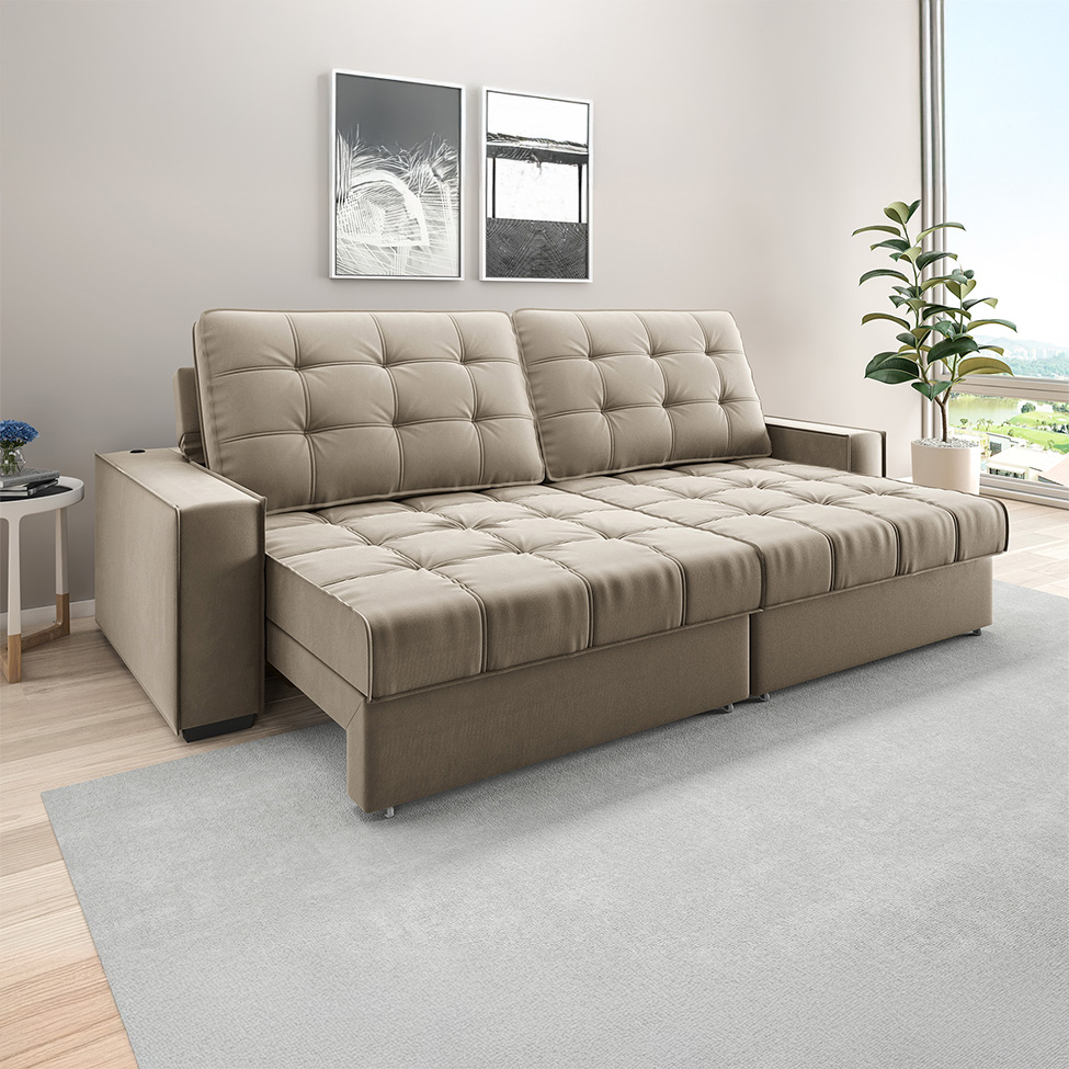 Sofá 3 Lugares Retrátil e Reclinável Goya com USB Veludo Fendi 280 cm