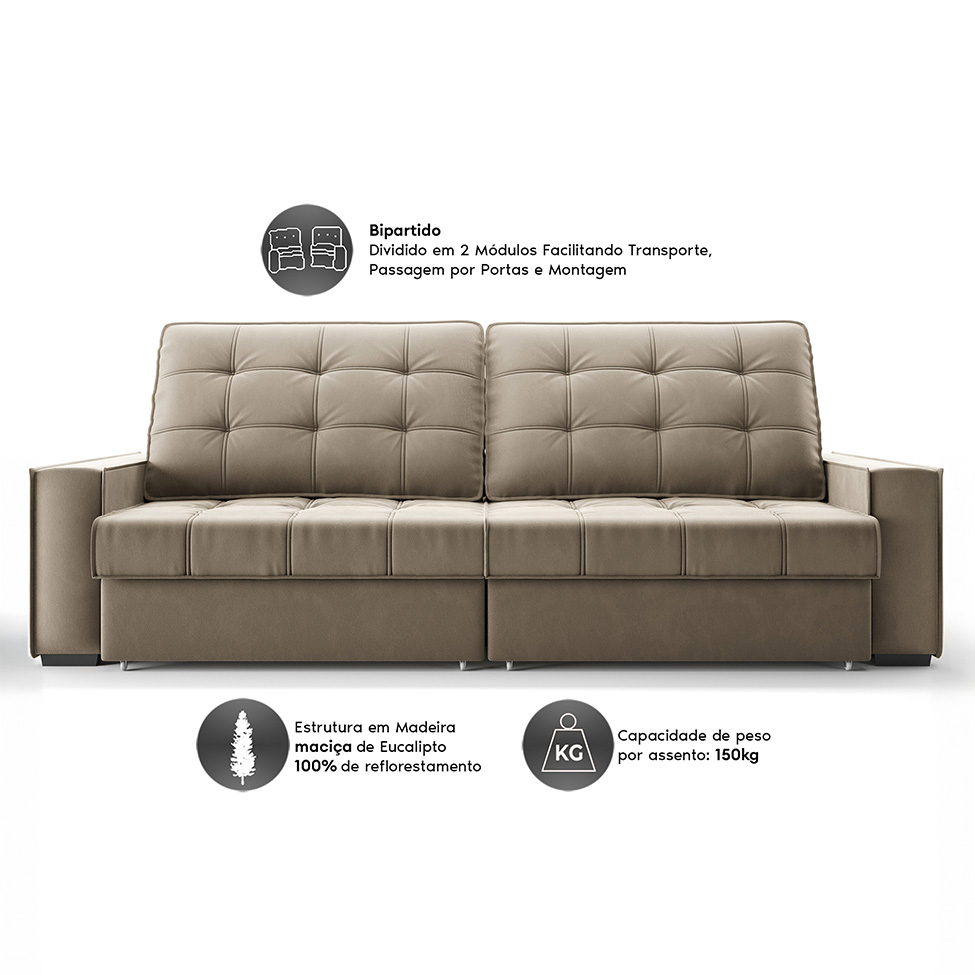 Sofá 3 Lugares Retrátil e Reclinável Goya com USB Veludo Fendi 280 cm