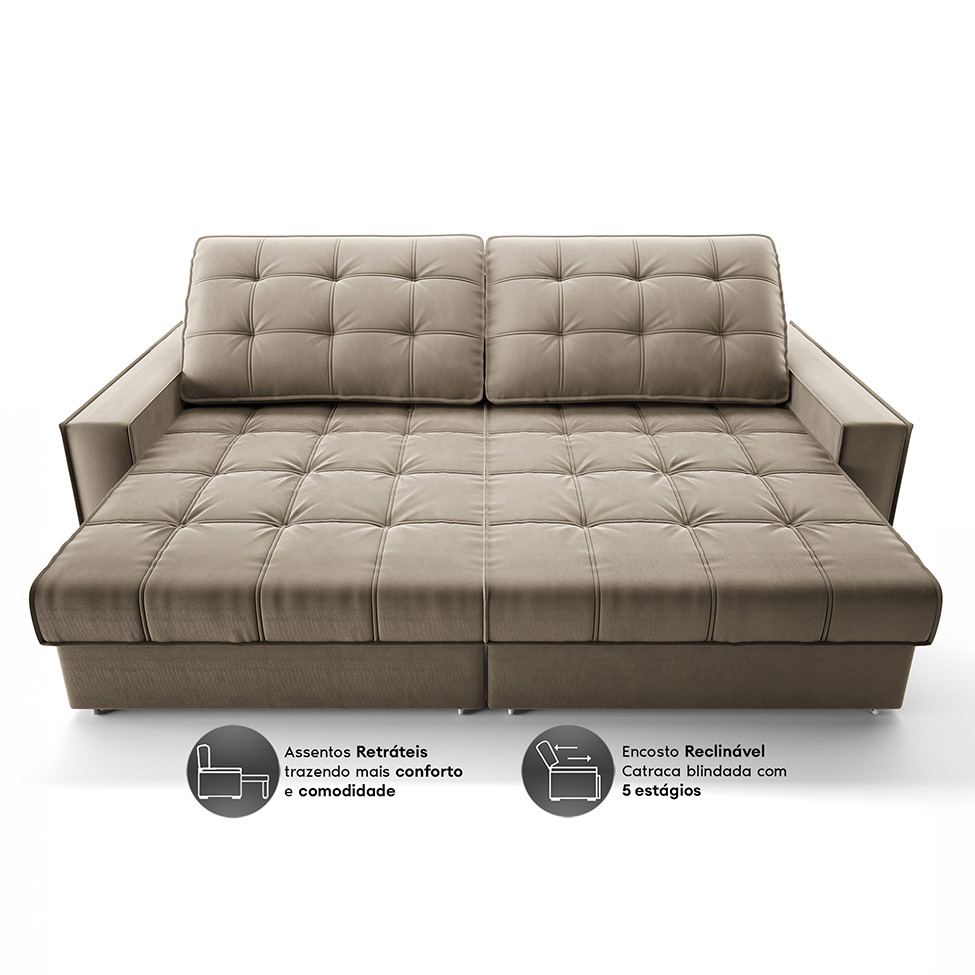 Sofá 3 Lugares Retrátil e Reclinável Goya com USB Veludo Fendi 280 cm