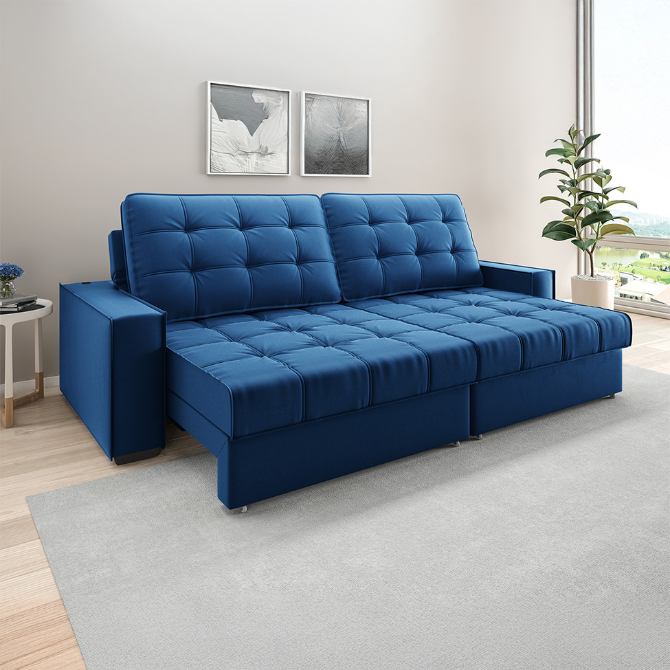 Sofá 3 Lugares Retrátil e Reclinável Goya com USB Veludo Marinho 200 cm