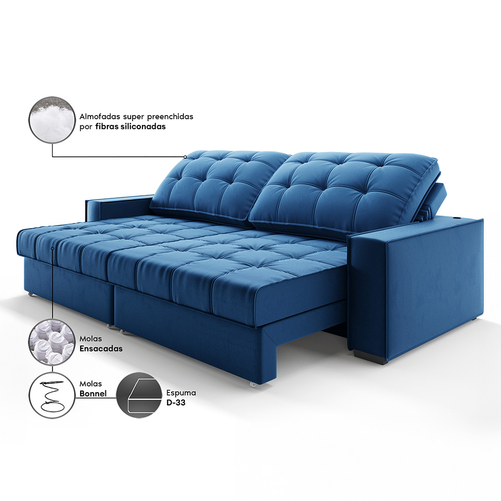Sofá 3 Lugares Retrátil e Reclinável Goya com USB Veludo Marinho 200 cm