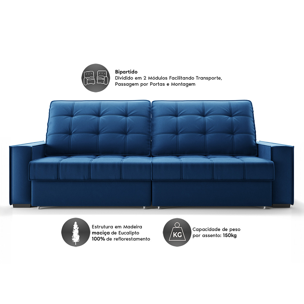 Sofá 3 Lugares Retrátil e Reclinável Goya com USB Veludo Marinho 200 cm