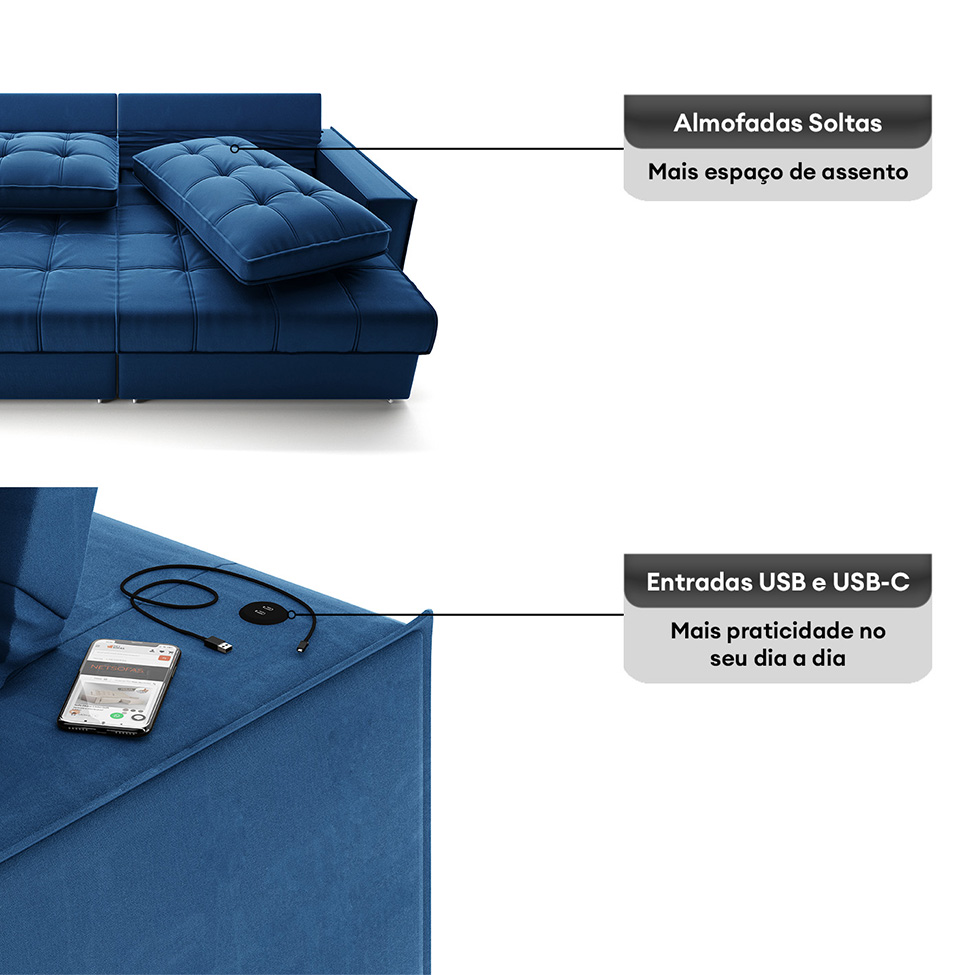Sofá 3 Lugares Retrátil e Reclinável Goya com USB Veludo Marinho 200 cm