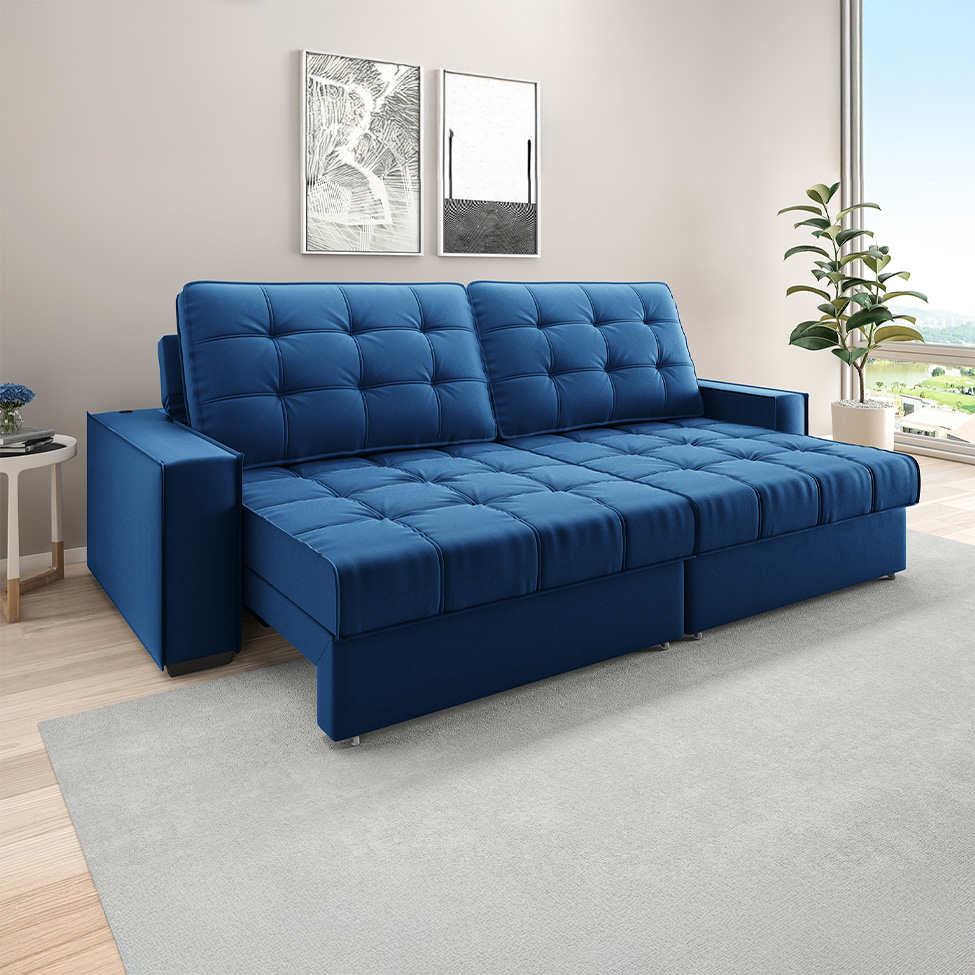 Sofá 3 Lugares Retrátil e Reclinável Goya com USB Veludo Marinho 240 cm