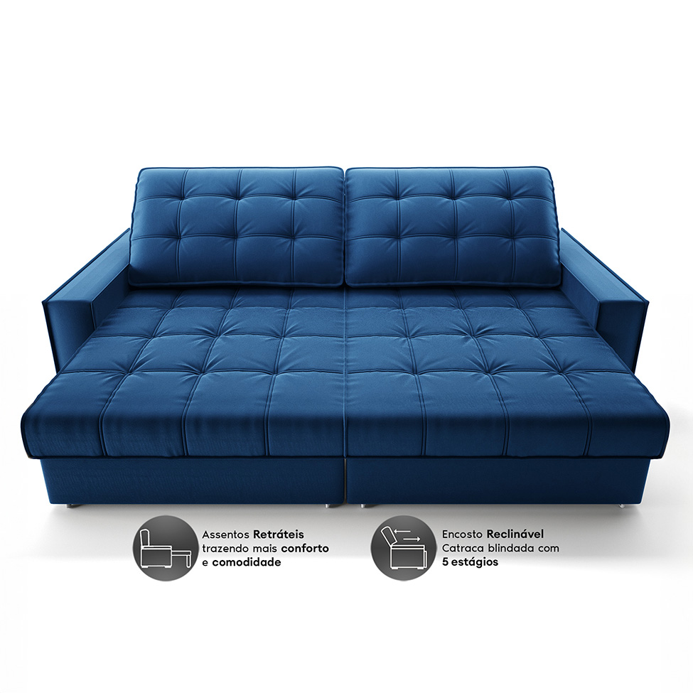 Sofá 3 Lugares Retrátil e Reclinável Goya com USB Veludo Marinho 240 cm