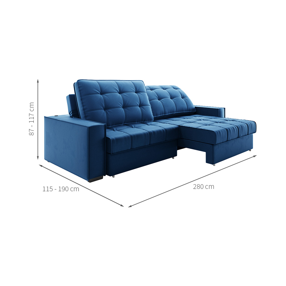 Sofá 3 Lugares Retrátil e Reclinável Goya com USB Veludo Marinho 280 cm