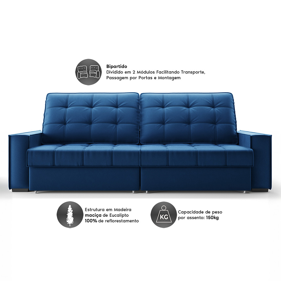 Sofá 3 Lugares Retrátil e Reclinável Goya com USB Veludo Marinho 280 cm
