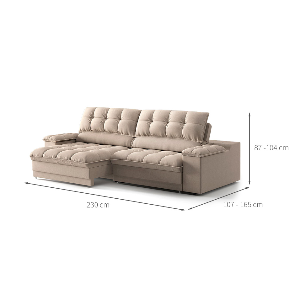Sofá 3 Lugares Retrátil e Reclinável Helen com USB e Porta-Copos Linho Bege 230 cm