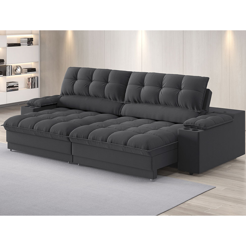 Sofá 3 Lugares Retrátil e Reclinável Helen com USB e Porta-Copos Linho Grafite 210 cm