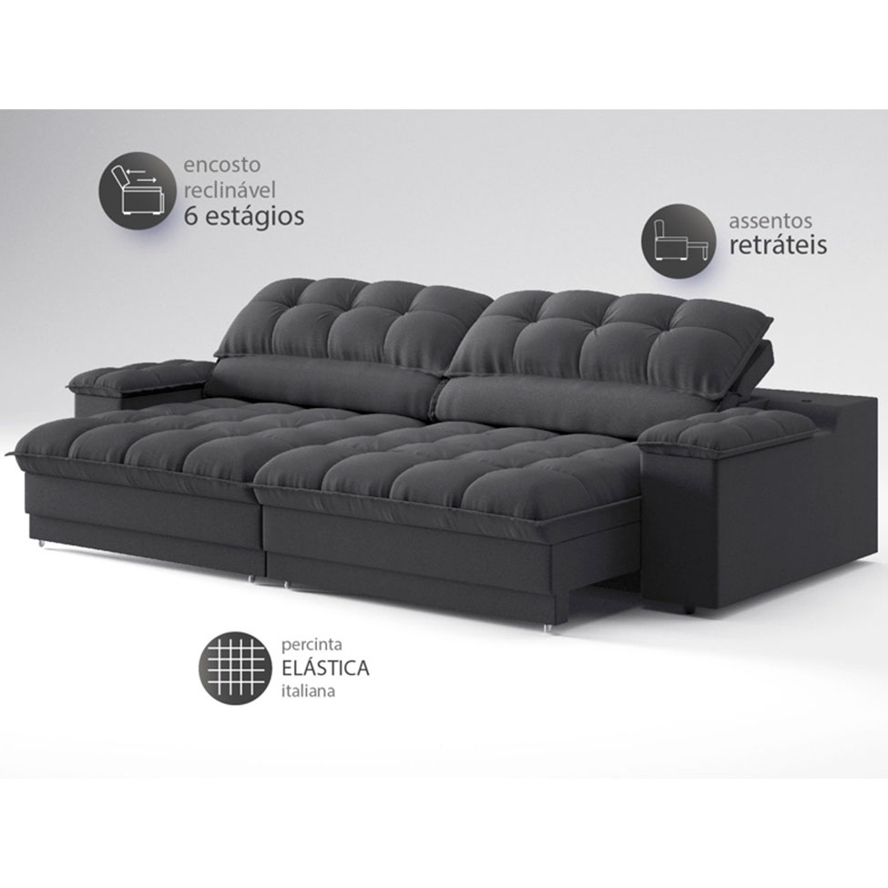 Sofá 3 Lugares Retrátil e Reclinável Helen com USB e Porta-Copos Linho Grafite 210 cm
