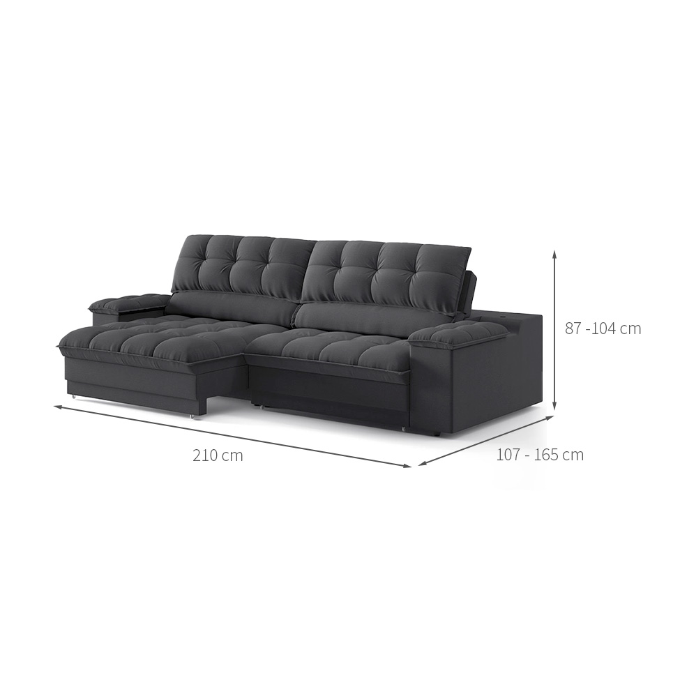 Sofá 3 Lugares Retrátil e Reclinável Helen com USB e Porta-Copos Linho Grafite 210 cm
