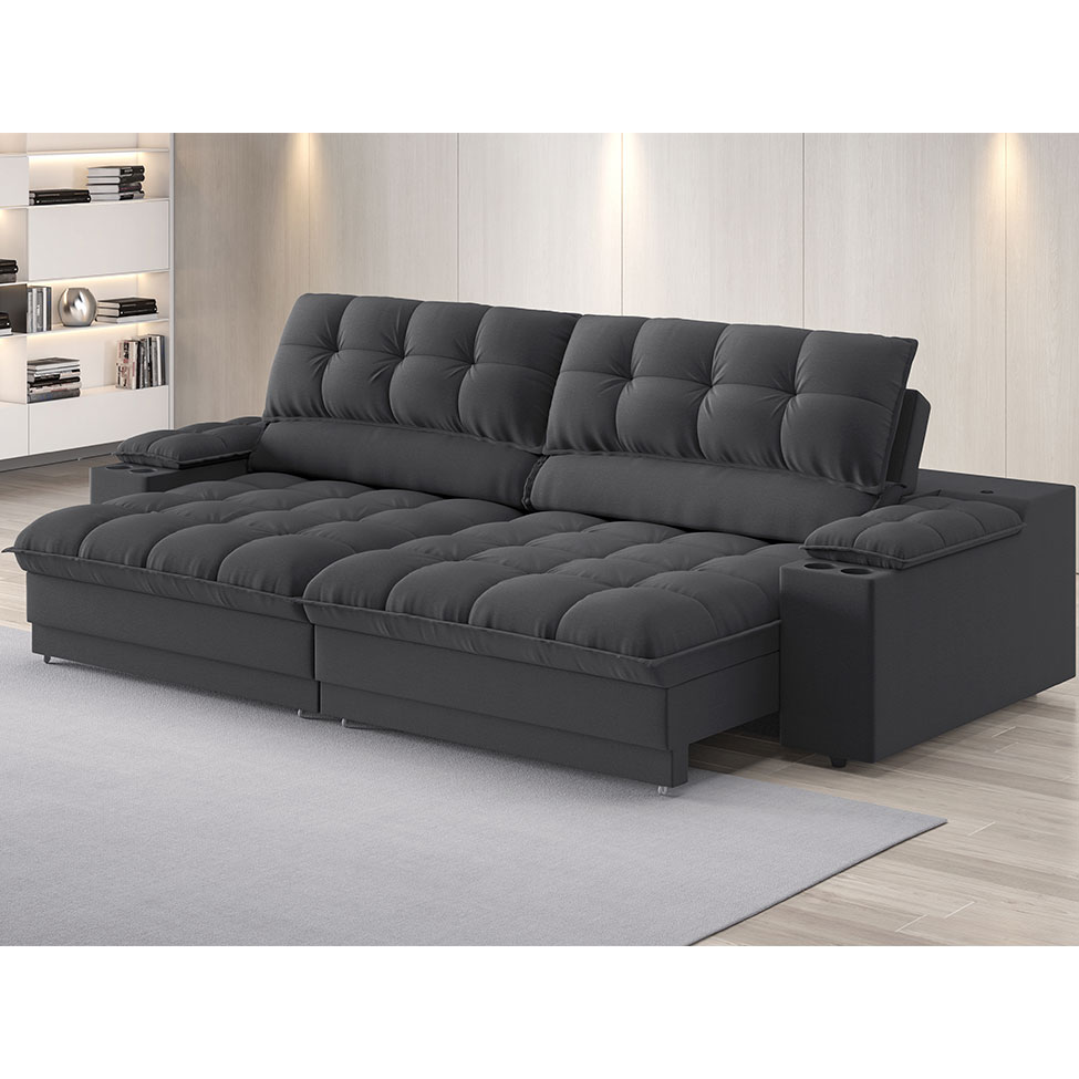 Sofá 3 Lugares Retrátil e Reclinável Helen com USB e Porta-Copos Linho Grafite 230 cm