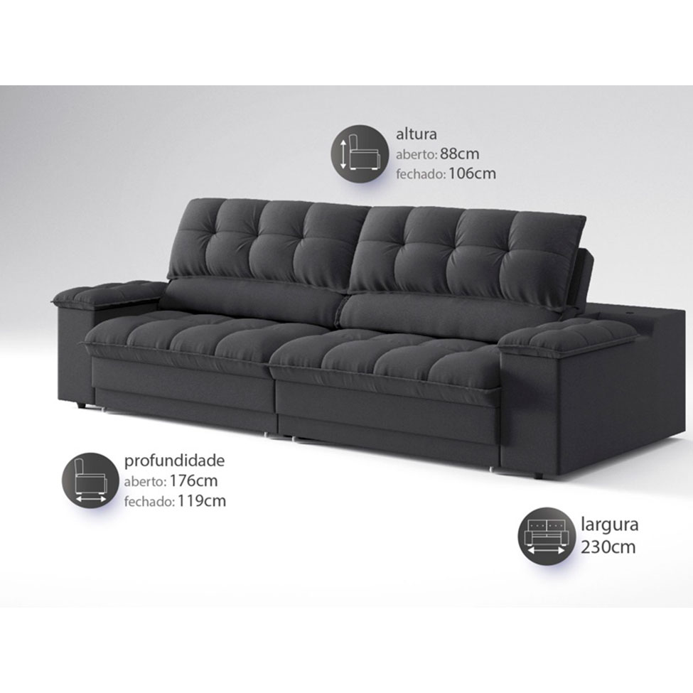 Sofá 3 Lugares Retrátil e Reclinável Helen com USB e Porta-Copos Linho Grafite 230 cm