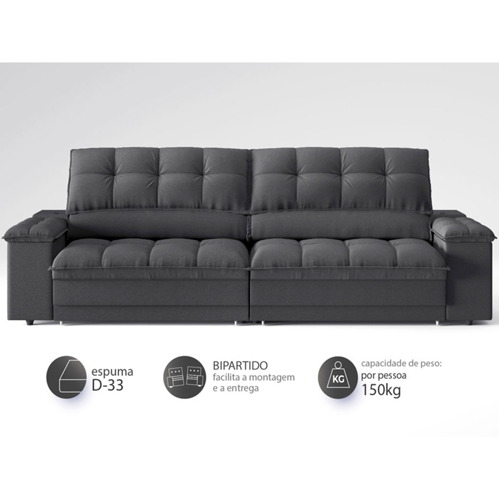 Sofá 3 Lugares Retrátil e Reclinável Helen com USB e Porta-Copos Linho Grafite 230 cm