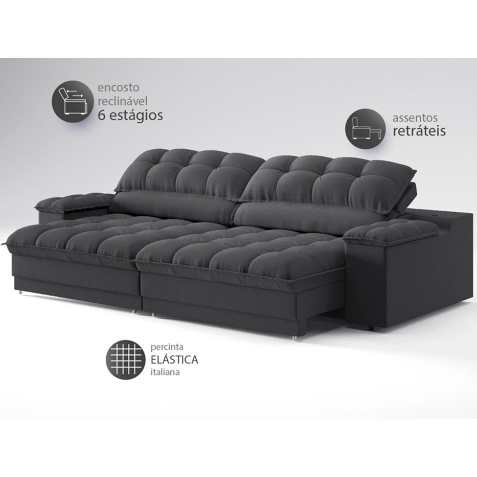Sofá 3 Lugares Retrátil e Reclinável Helen com USB e Porta-Copos Linho Grafite 230 cm