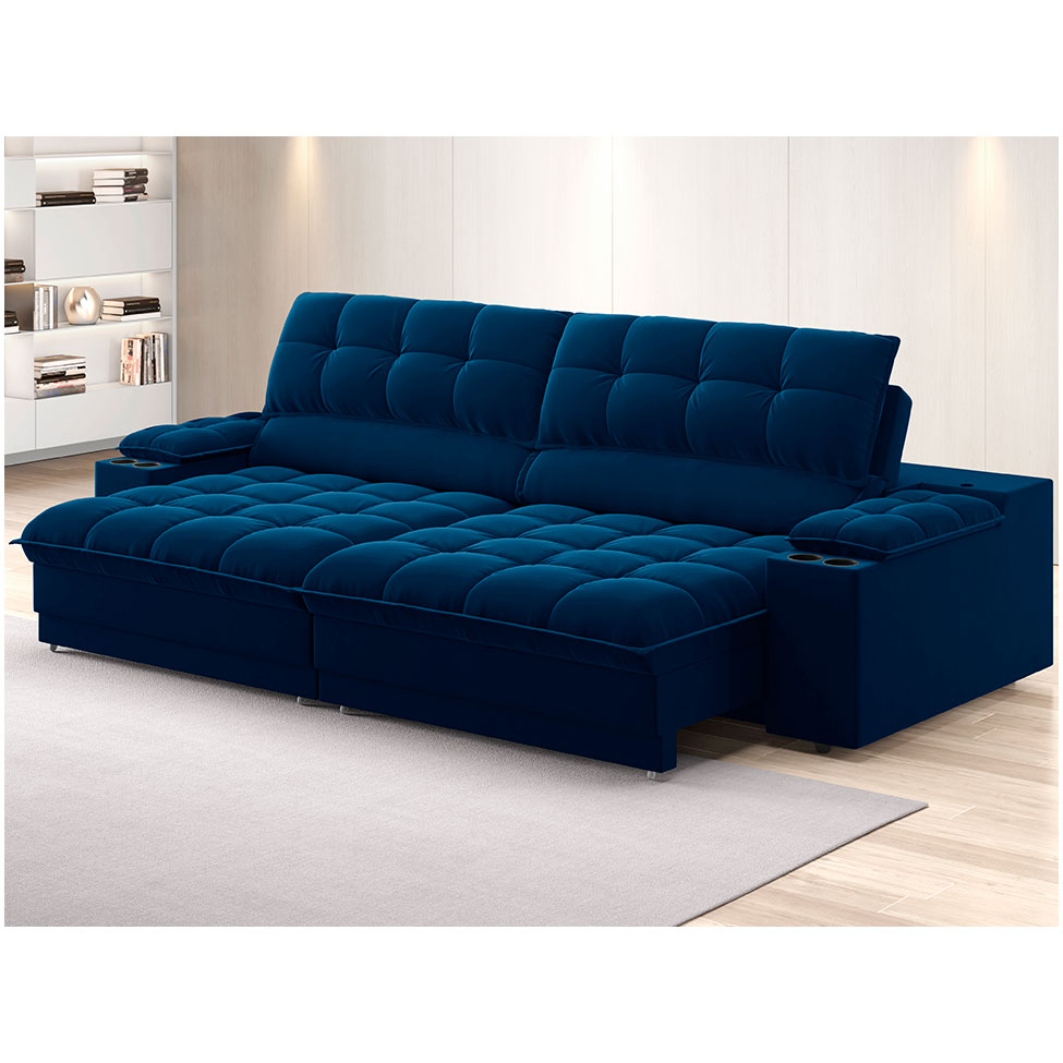 Sofá 3 Lugares Retrátil e Reclinável Helen com USB e Porta-Copos Veludo Azul Marinho 210 cm