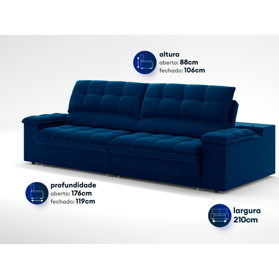 Sofá 3 Lugares Retrátil e Reclinável Helen com USB e Porta-Copos Veludo Azul Marinho 210 cm