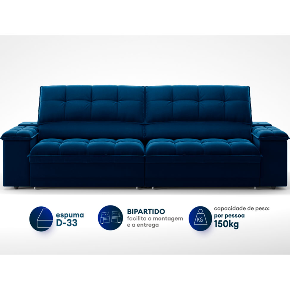 Sofá 3 Lugares Retrátil e Reclinável Helen com USB e Porta-Copos Veludo Azul Marinho 210 cm