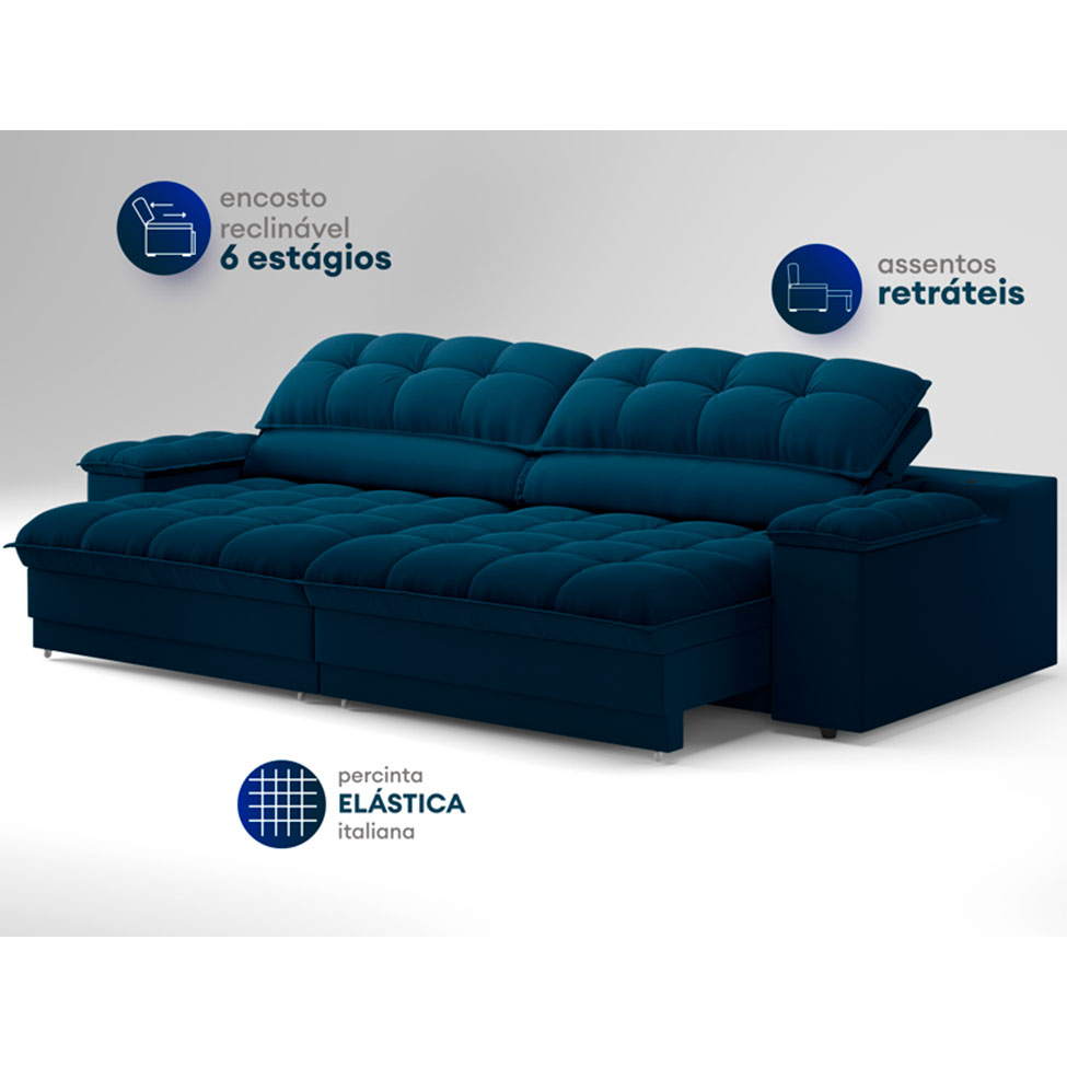 Sofá 3 Lugares Retrátil e Reclinável Helen com USB e Porta-Copos Veludo Azul Marinho 210 cm