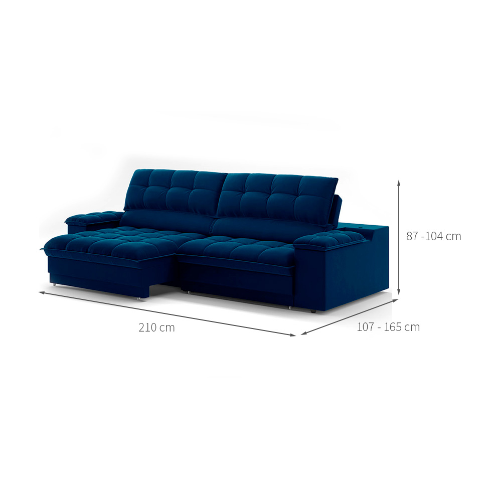 Sofá 3 Lugares Retrátil e Reclinável Helen com USB e Porta-Copos Veludo Azul Marinho 210 cm