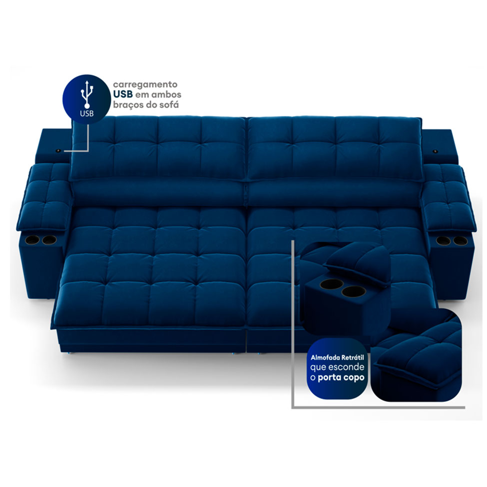 Sofá 3 Lugares Retrátil e Reclinável Helen com USB e Porta-Copos Veludo Azul Marinho 230 cm