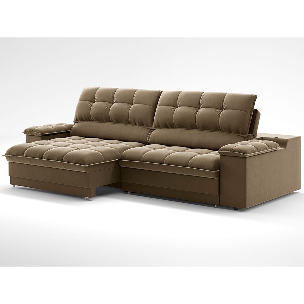 Sofá 3 Lugares Retrátil e Reclinável Helen com USB e Porta-Copos Veludo Castor 210 cm