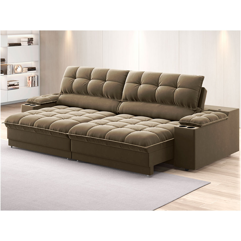 Sofá 3 Lugares Retrátil e Reclinável Helen com USB e Porta-Copos Veludo Castor 210 cm