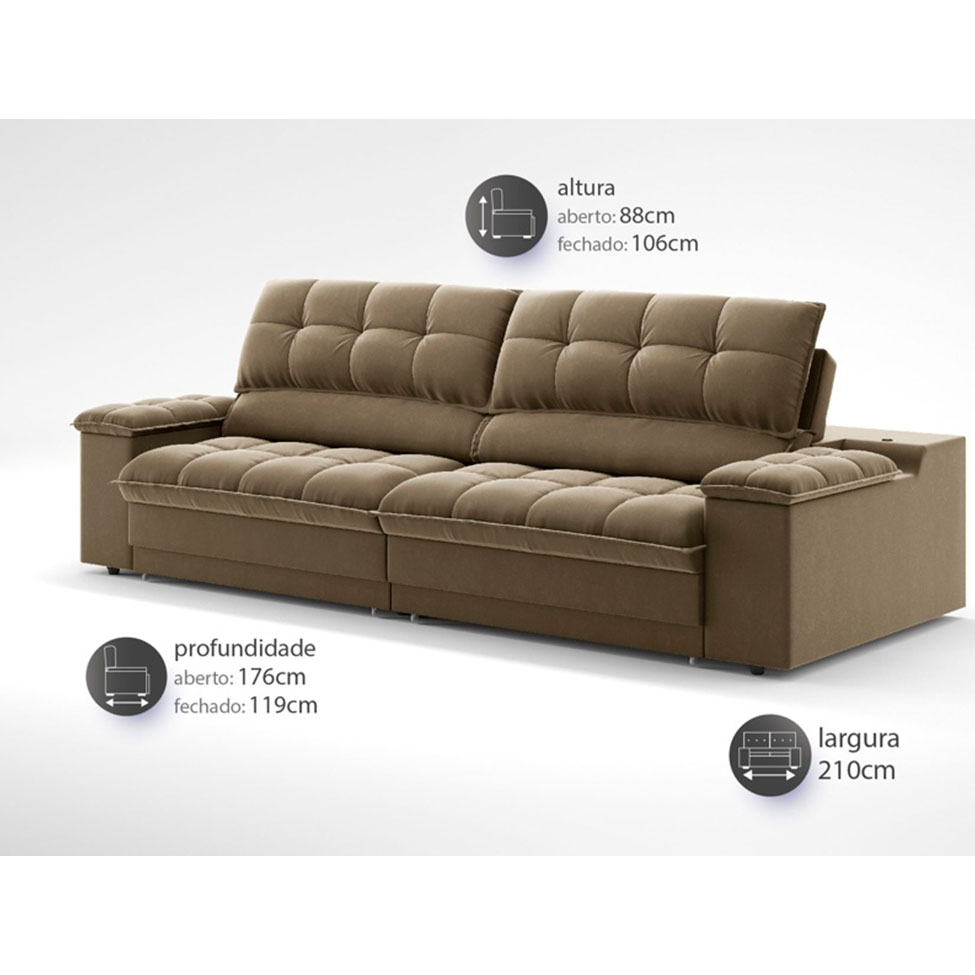 Sofá 3 Lugares Retrátil e Reclinável Helen com USB e Porta-Copos Veludo Castor 210 cm